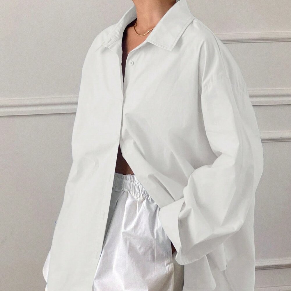 White Casual Women's Loose Long Sleeve Shirt With Collar - Picture 3 of 6